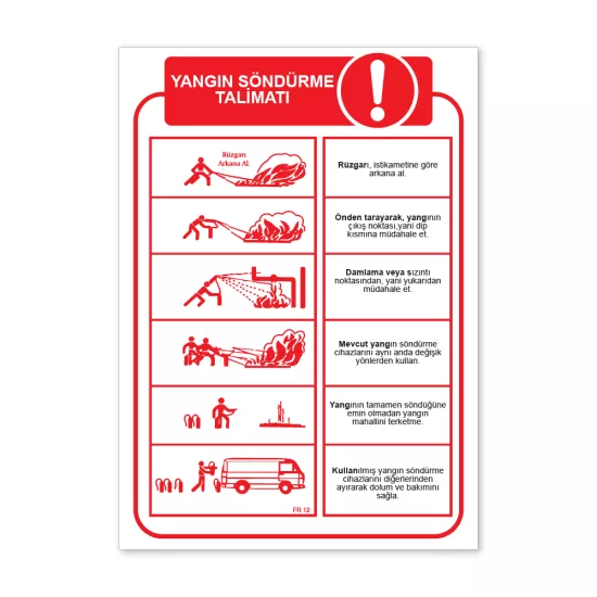 Yangın söndürme talimatı uyarı levhası